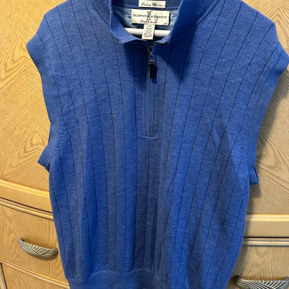Faraway & greene. Blue lined zip up. Italian merino wool. Large
